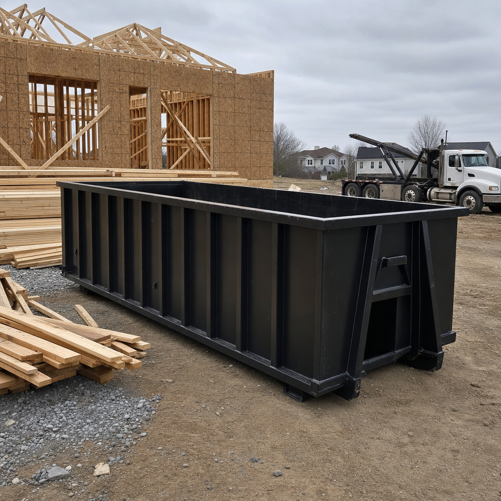 Matte-black 40-yard roll-off dumpster staged on a framed-out residential construction site in Arvada, framing lumber stacked nearby, hooklift delivery truck visible in the background under bright Colorado daylight