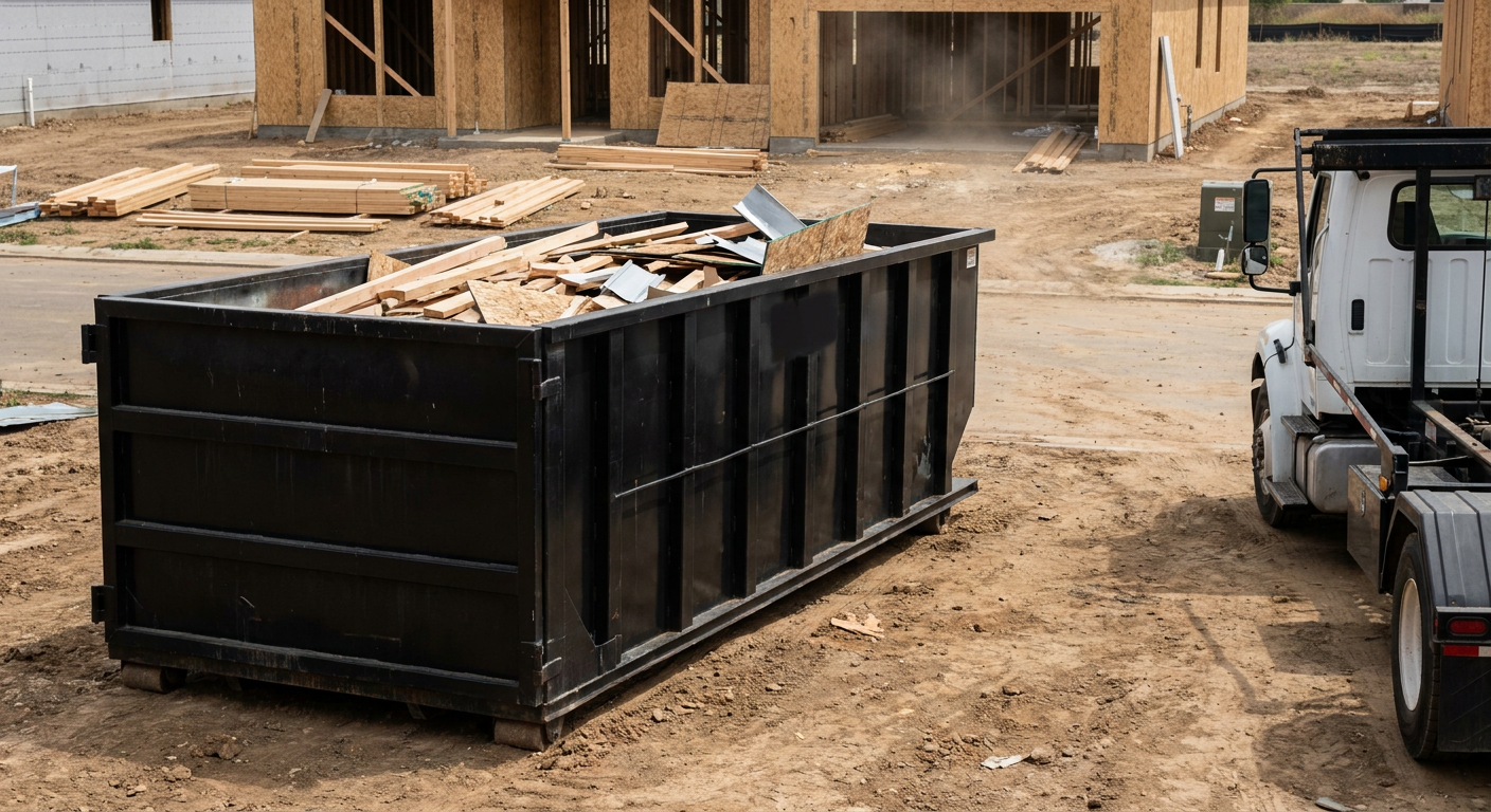 Matte-black 20-yard roll-off construction dumpster with heavy ribbed steel sidewalls and swing rear doors at a working jobsite in Arvada, sitting directly on compacted dirt with an unmarked white hauler partially visible at the far edge of the frame.