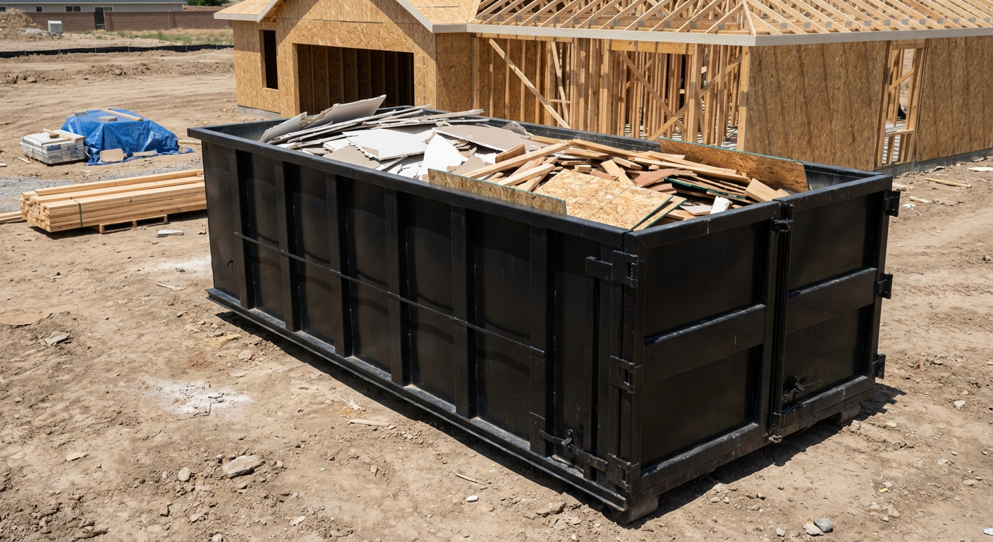 Matte-black 30-yard roll-off construction dumpster sitting directly on the compacted-dirt site of a framed single-family home build in Arvada, drywall and lumber scrap loaded inside.