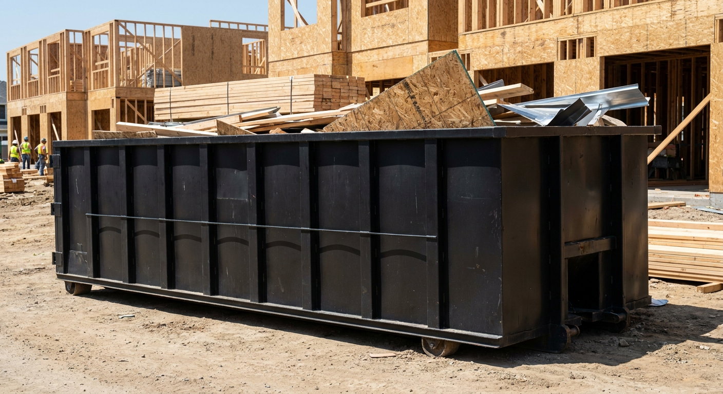 Matte-black 40-yard roll-off construction dumpster being lowered from a white-cab hooklift delivery truck onto the compacted-dirt jobsite at a commercial build site in Arvada
