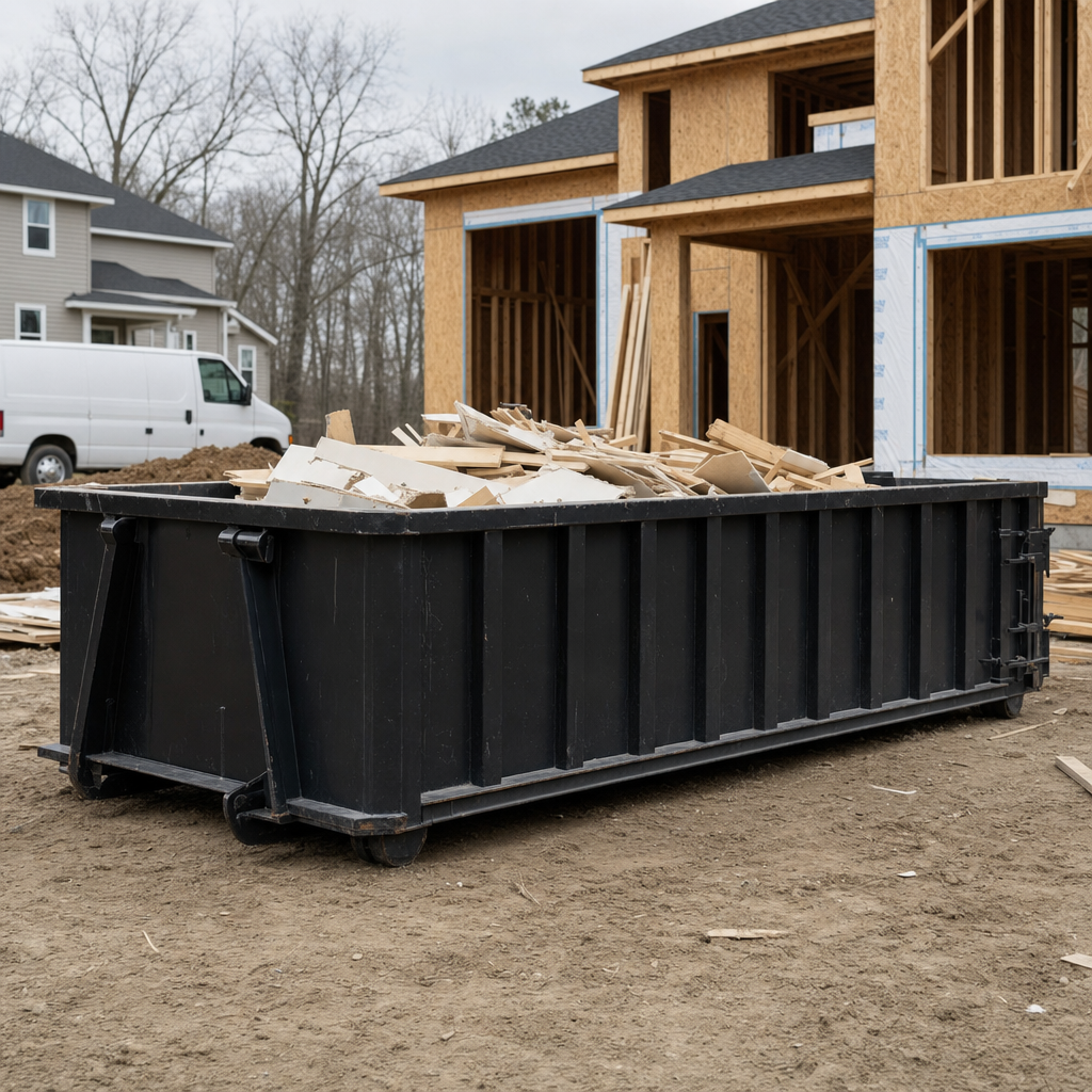 Worker in a yellow high-visibility vest tossing framing lumber and broken drywall into a matte-black 30-yard construction roll-off dumpster on an active build site in Arvada, bright daylight