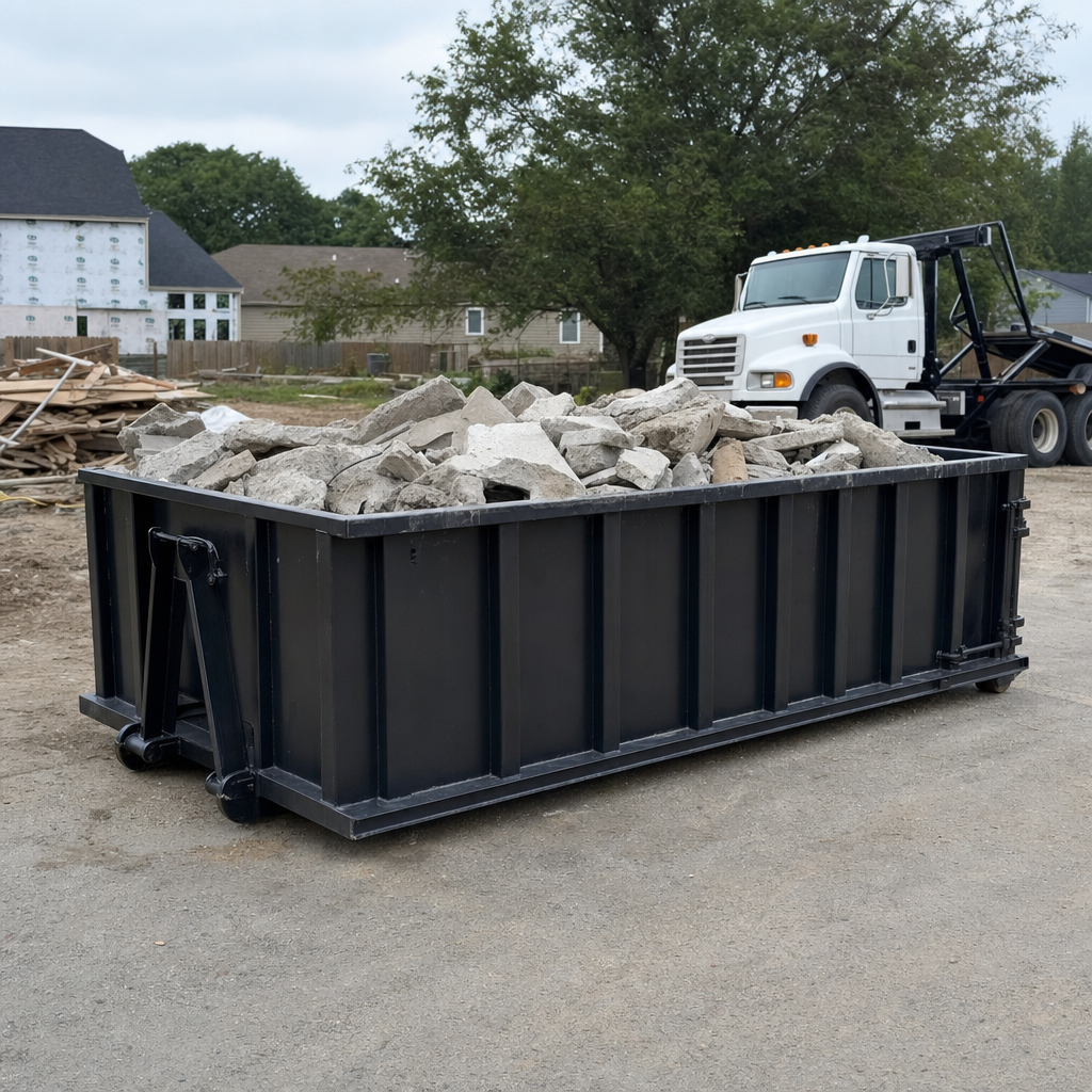 Low-profile matte-black lowboy roll-off dumpster loaded with broken concrete slab and rebar at a foundation tear-out in Arvada, skid steer parked beside it, sunny Colorado morning