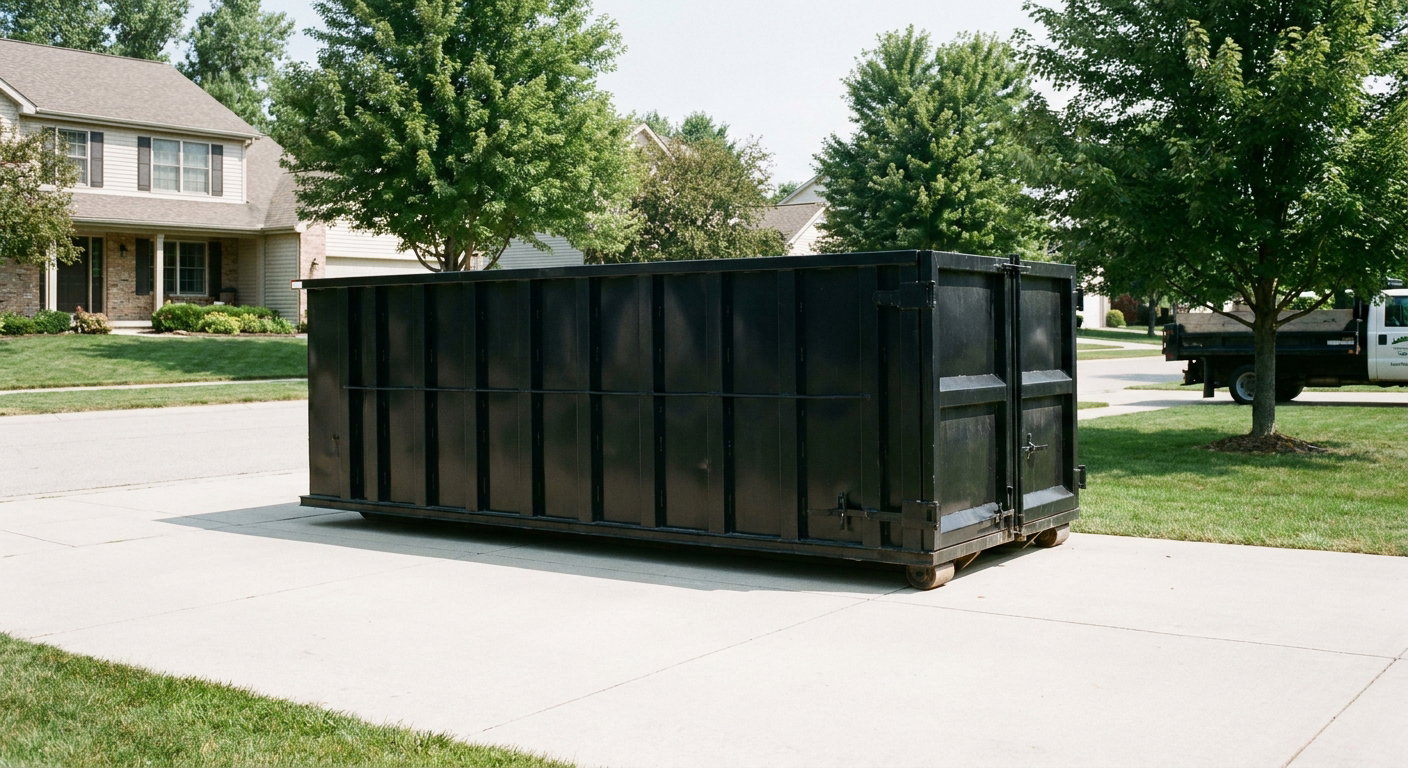 Matte-black 20-yard roll-off dumpster sitting level on a clean Arvada residential concrete driveway under bright daylight, demonstrating clean placement directly on the concrete.