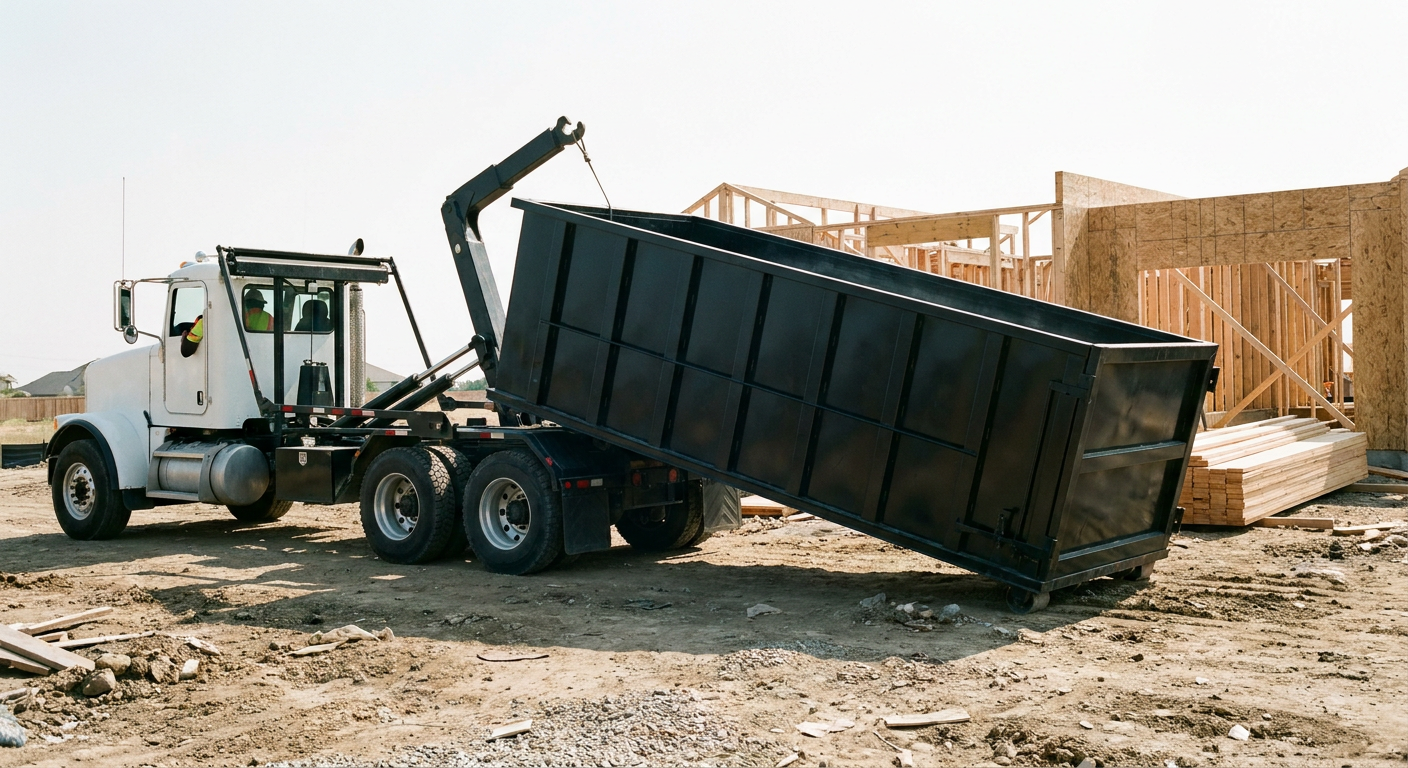 Matte-black roll-off dumpster being delivered onto a clean residential concrete driveway in Arvada by an unmarked white hooklift hauler truck, bright morning daylight, documentary 35mm perspective.