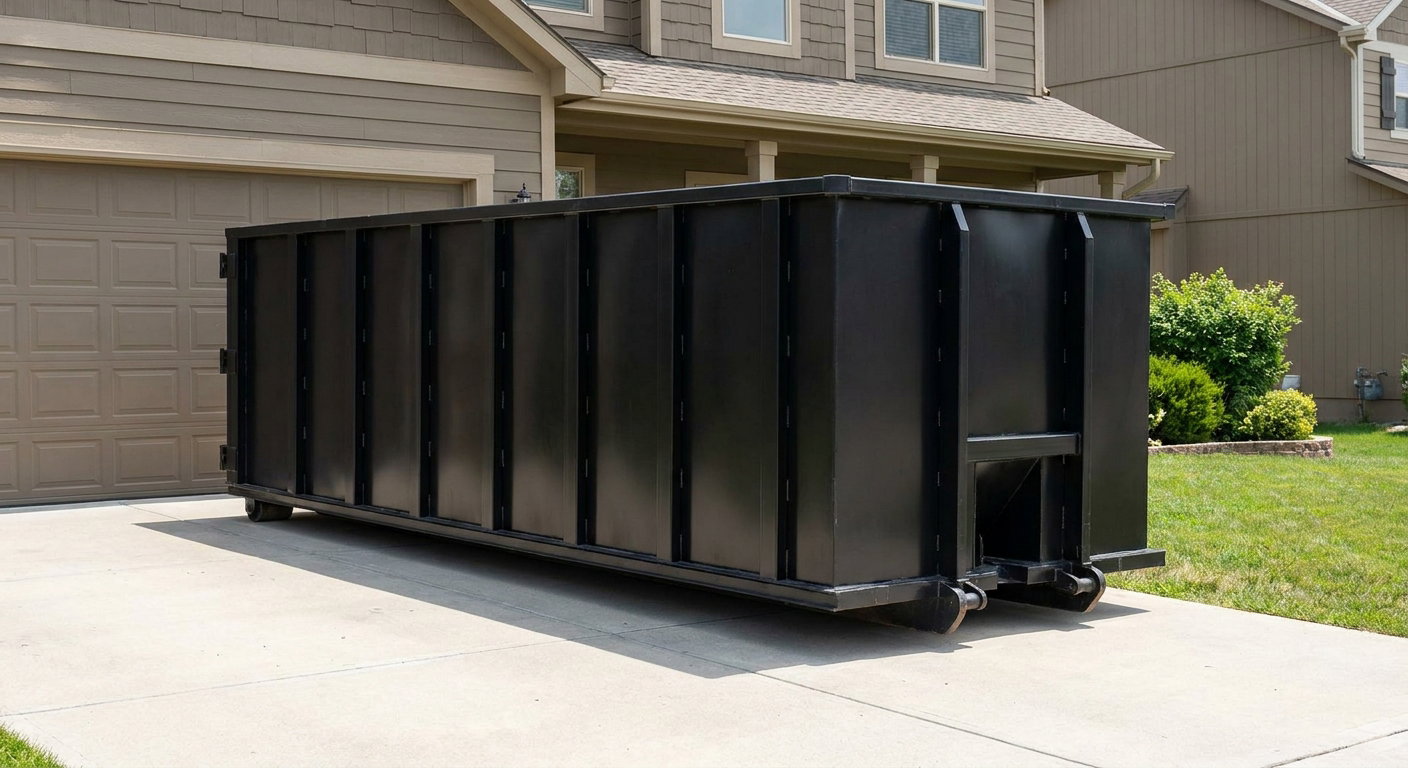 Matte-black residential roll-off dumpster sitting directly on a suburban Arvada concrete driveway, garage door closed, single-family home in background, bright morning daylight.