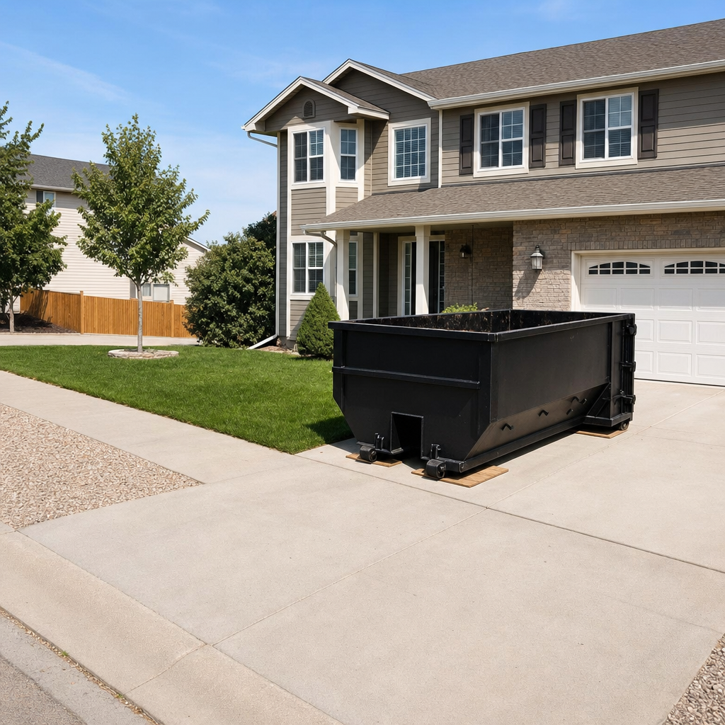 10-yard matte-black residential dumpster placed directly on a narrow Arvada concrete driveway, room remains for a parked sedan beside it, mid-morning natural light