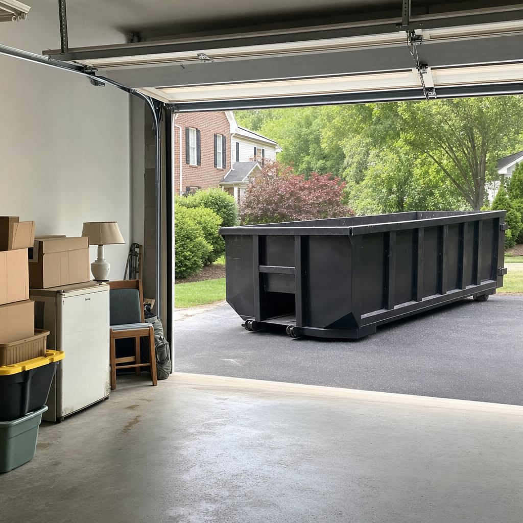 Open garage interior in a Arvada home mid-cleanout — boxed items, an old appliance, and stacked yard tools queued near the driveway for a matte-black roll-off dumpster, organized and calm