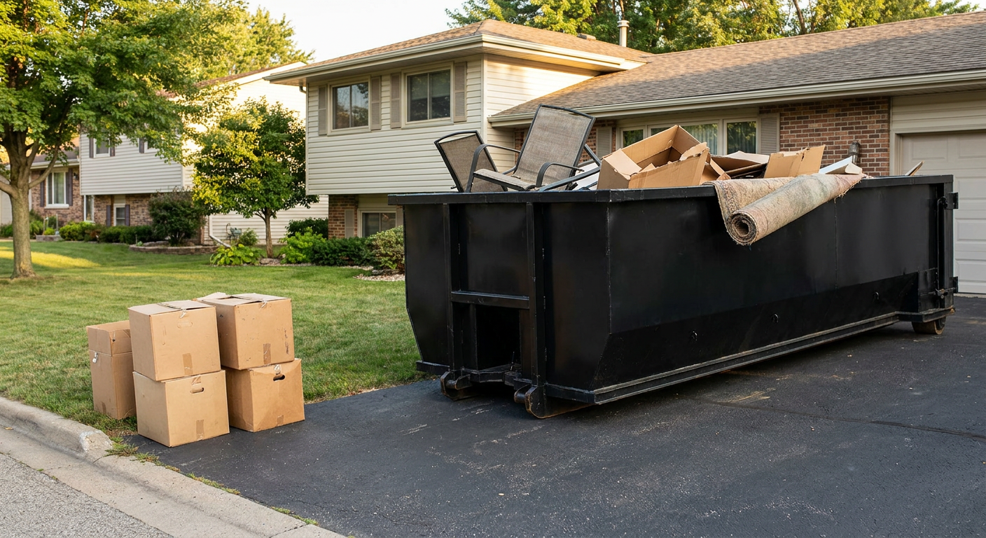 Front-yard view of a Arvada split-level home with a 20-yard matte-black roll-off dumpster sitting directly on the asphalt driveway, a few clearly labeled donation boxes staged at the curb, calm sunny afternoon.