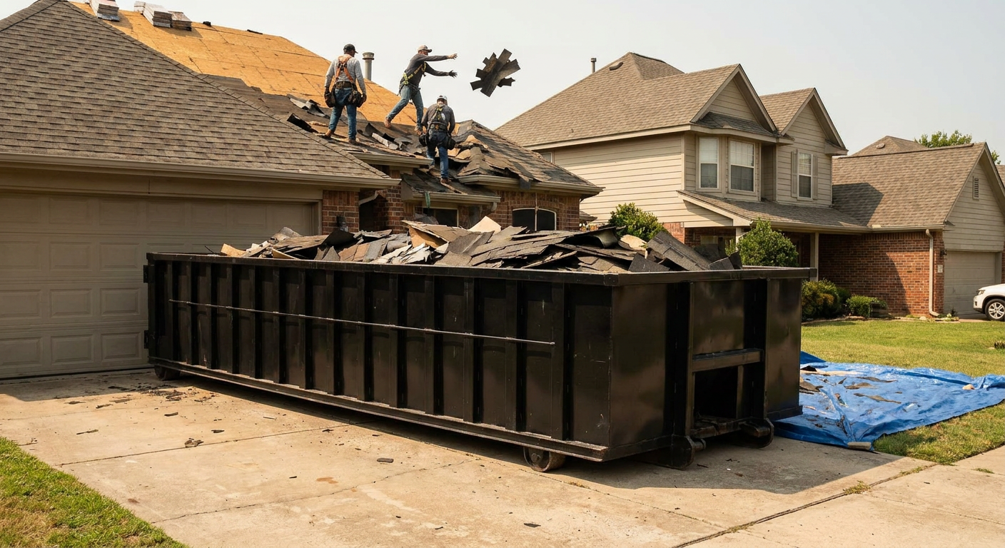 Matte-black roofing roll-off dumpster placed directly on a Arvada residential concrete driveway, a tear-off crew on a two-story asphalt-shingle roof tossing shingle bundles into the low-walled container, bright daylight, documentary 35mm perspective.