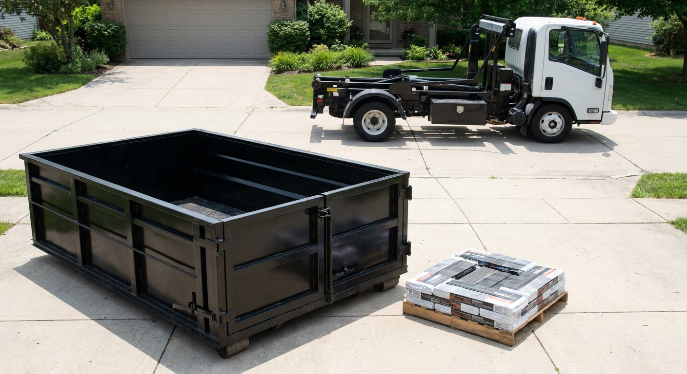 Matte-black 15-yard roofing roll-off dumpster with reinforced low side walls sitting directly on a Arvada residential concrete driveway, three-tab asphalt shingle bundles stacked nearby, an unmarked white hauler truck partially visible at the edge of the frame.