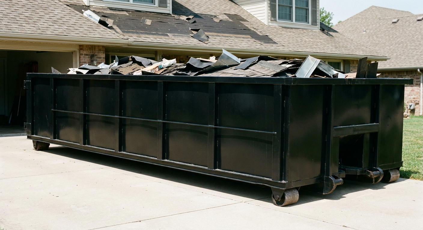 Matte-black 20-yard roofing roll-off dumpster with steel ribbed sides and swinging rear door, sitting directly on the concrete driveway of a two-story Arvada home, asphalt shingle debris being loaded over the low wall, clean documentary lighting.