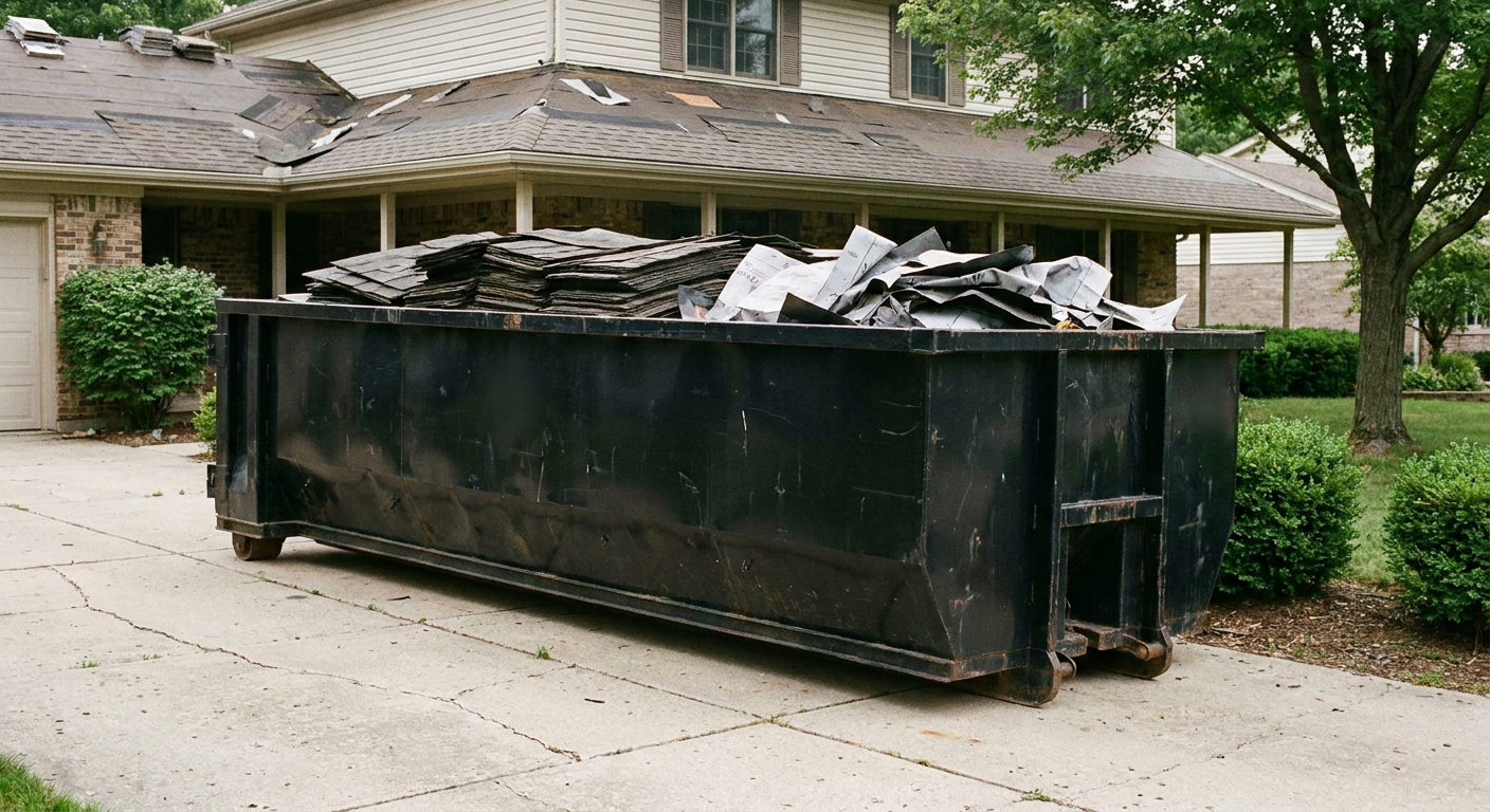 Matte-black 30-yard roofing roll-off dumpster sitting directly on a Arvada concrete driveway, taller ribbed steel side panels, mixed tear-off debris of asphalt shingles and underlayment inside, professional documentary daylight.