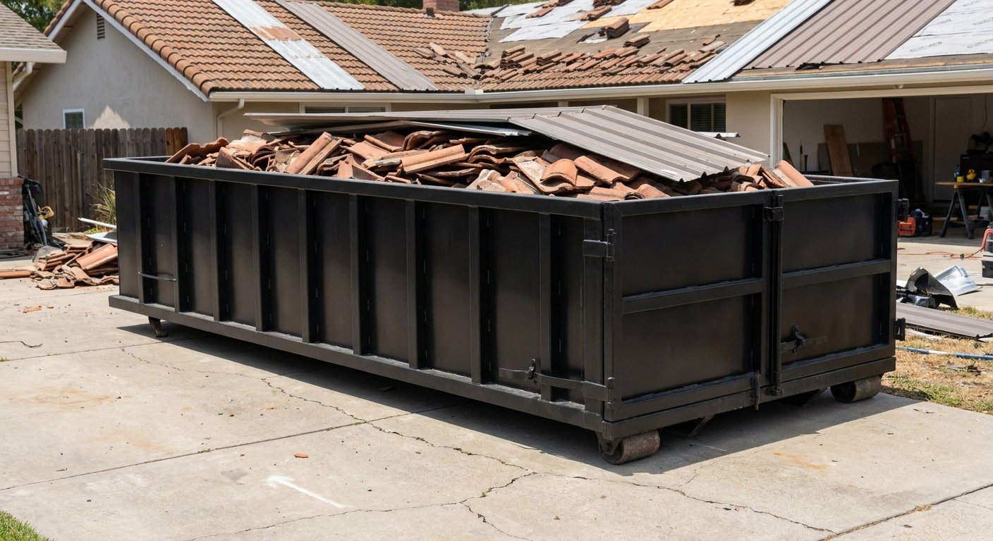 Matte-black low-wall heavy-debris roofing roll-off dumpster sitting directly on a Arvada concrete driveway, broken concrete clay roof tiles and metal panel sections loaded inside, reinforced ribbed steel side walls visible, bright outdoor daylight.