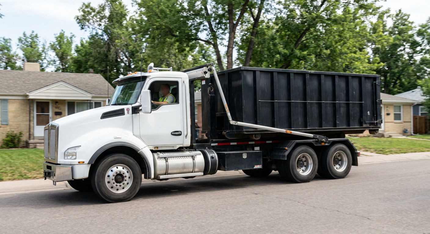 A wide documentary shot of a matte-black roll-off delivery truck pulling onto a quiet Arvada residential street at mid-morning, with neighborhood rooftops and tree-lined blocks visible behind, showing the metro coverage footprint.