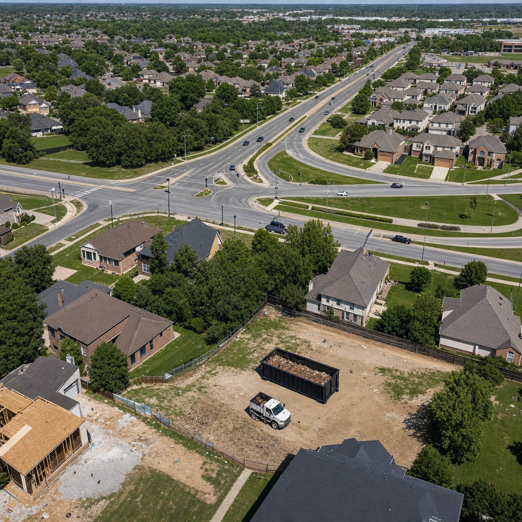 An overhead documentary view of the Arvada metro area at midday, showing the spread of neighborhoods, arterial roads, and the dispatch radius from a central yard — clean daylight, organized geographic layout.