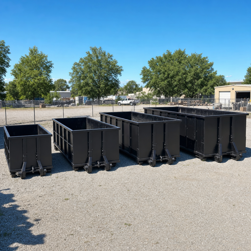 A clean lineup of matte-black roll-off dumpsters in 10, 20, 30, and 40-yard sizes staged on a sunlit gravel yard in Arvada, showing the size progression from compact to commercial-scale containers.