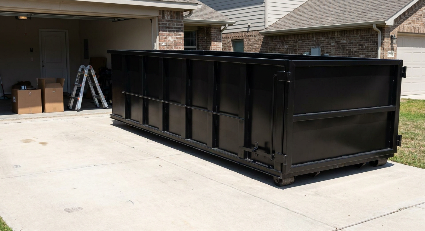 A matte-black 10-yard roll-off dumpster sitting directly on a residential Arvada concrete driveway, mid-day sunlight, clean and ready for a garage cleanout.