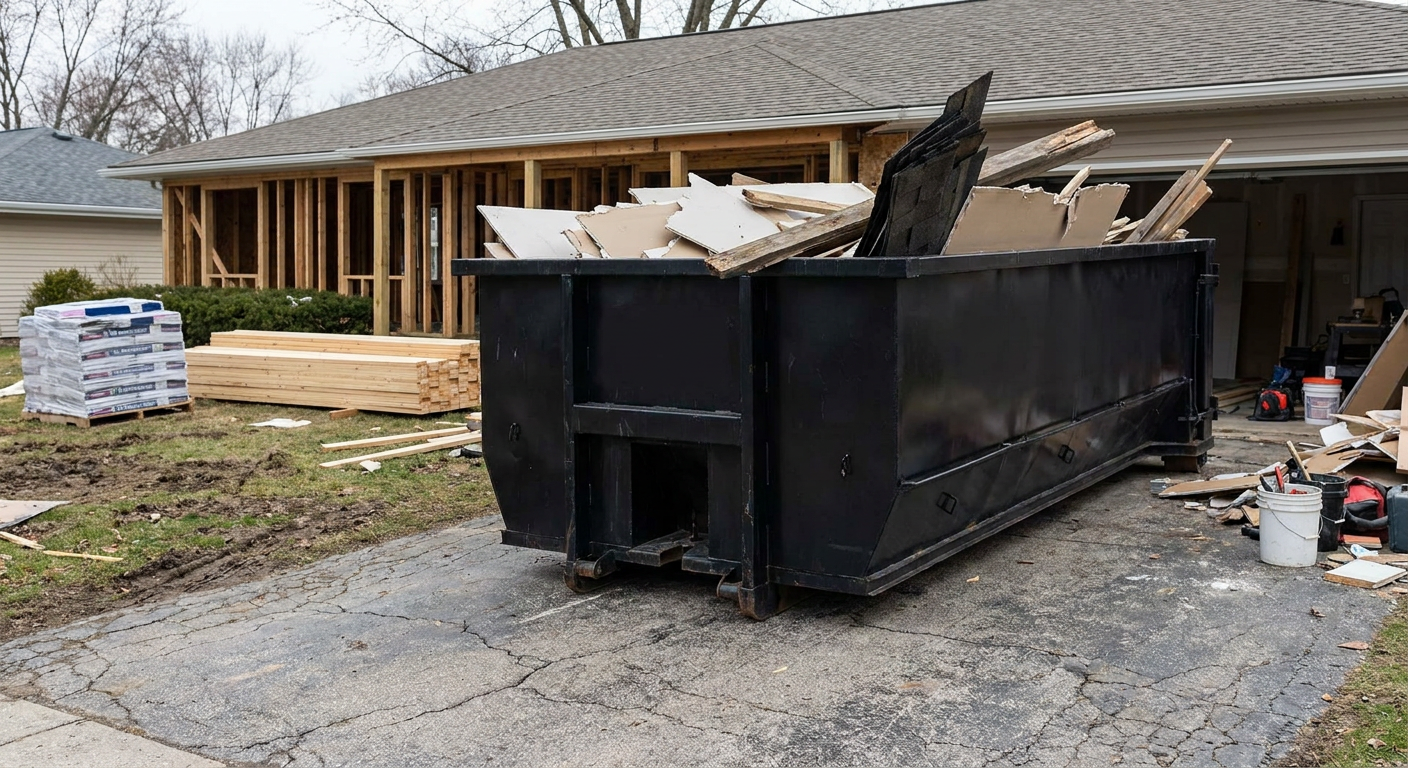 A matte-black 20-yard roll-off dumpster placed alongside a mid-renovation Arvada home directly on the asphalt driveway, with framing materials and torn-off shingles staged neatly nearby.