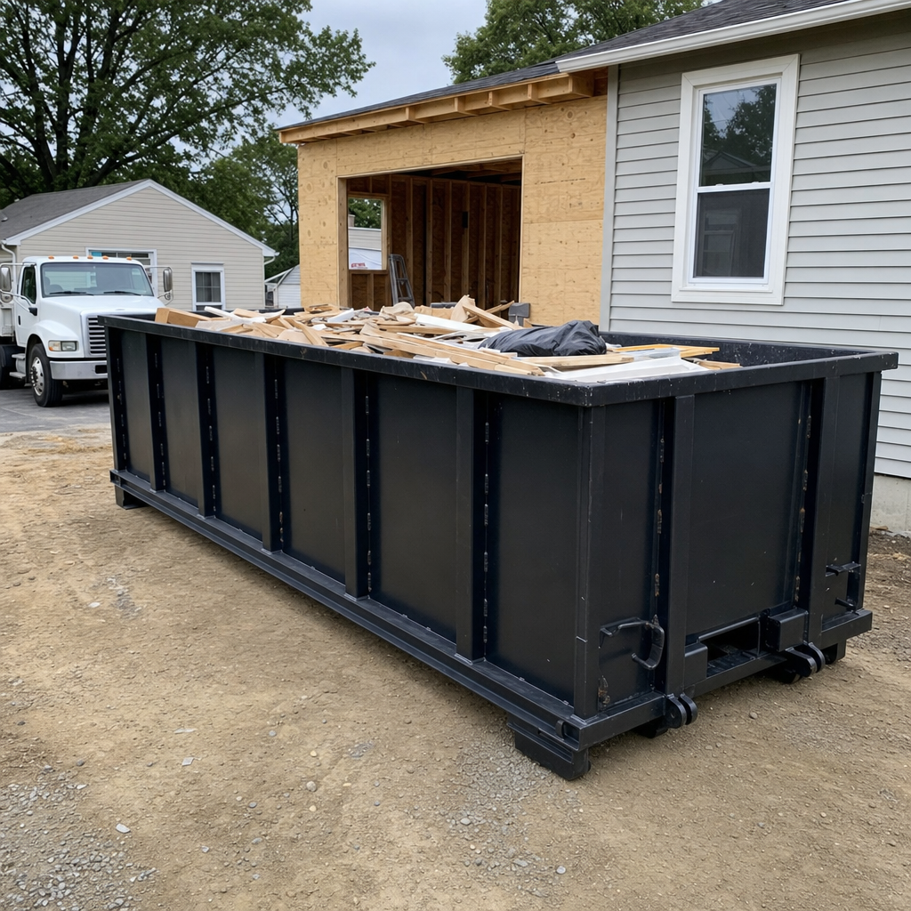 A matte-black 30-yard roll-off dumpster positioned at a Arvada residential addition jobsite, with framing lumber and drywall scraps loaded through the open swinging rear doors.