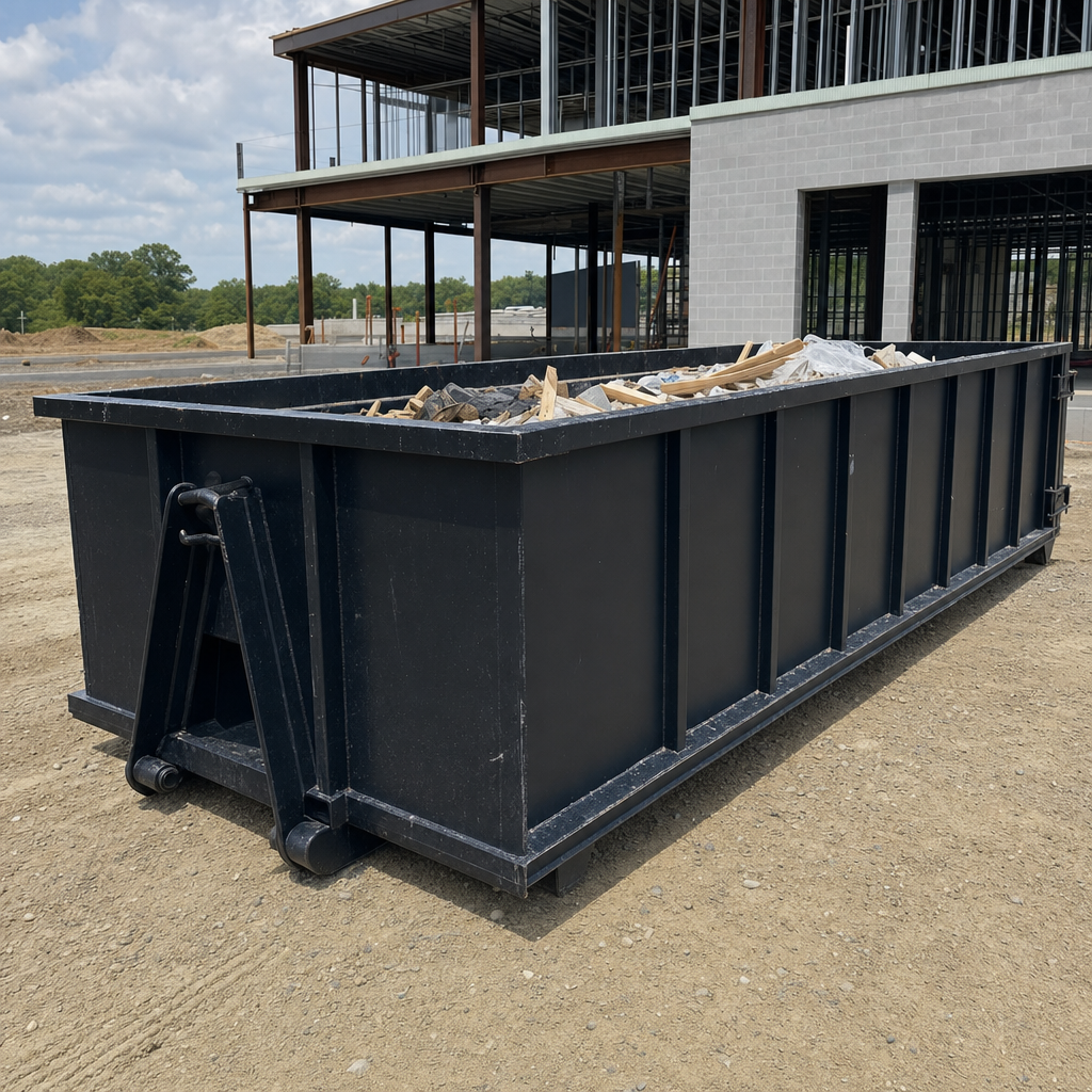 A matte-black 40-yard roll-off dumpster staged on a large Arvada commercial construction lot, with a hooklift delivery truck parked alongside under bright midday sky.