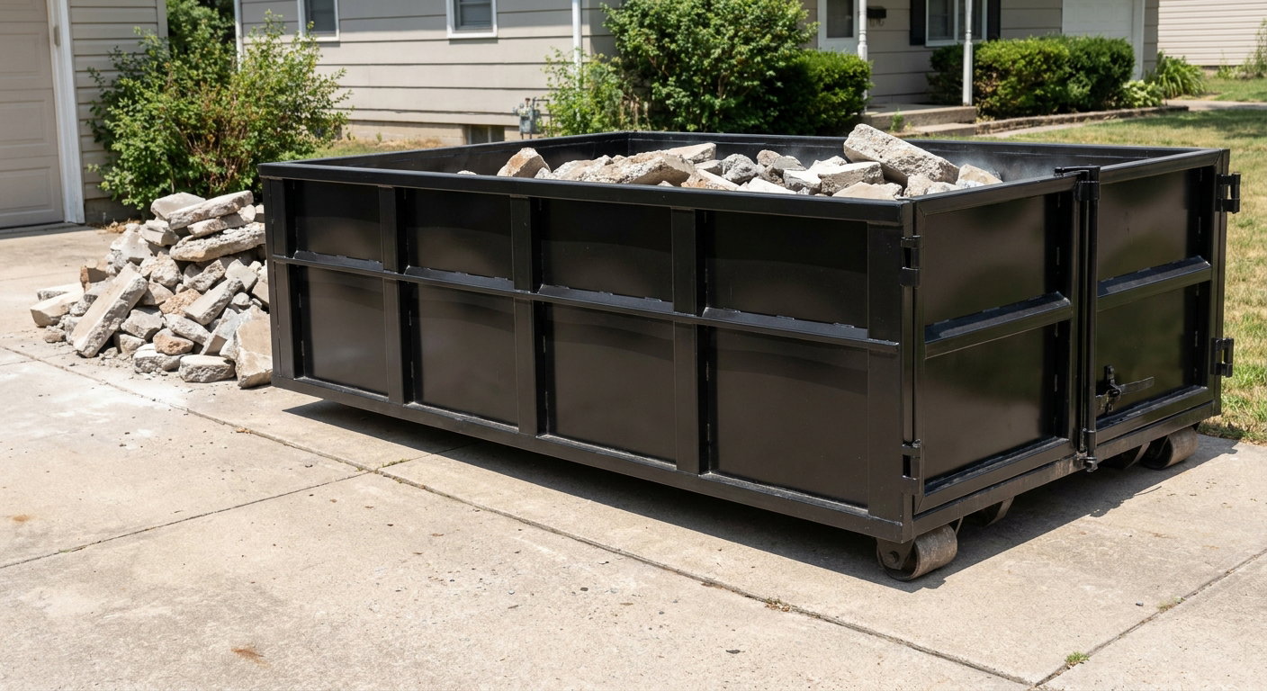 A matte-black low-side heavy-debris roll-off dumpster placed directly on a Arvada concrete driveway, with broken concrete chunks neatly stacked beside it under clean daylight.